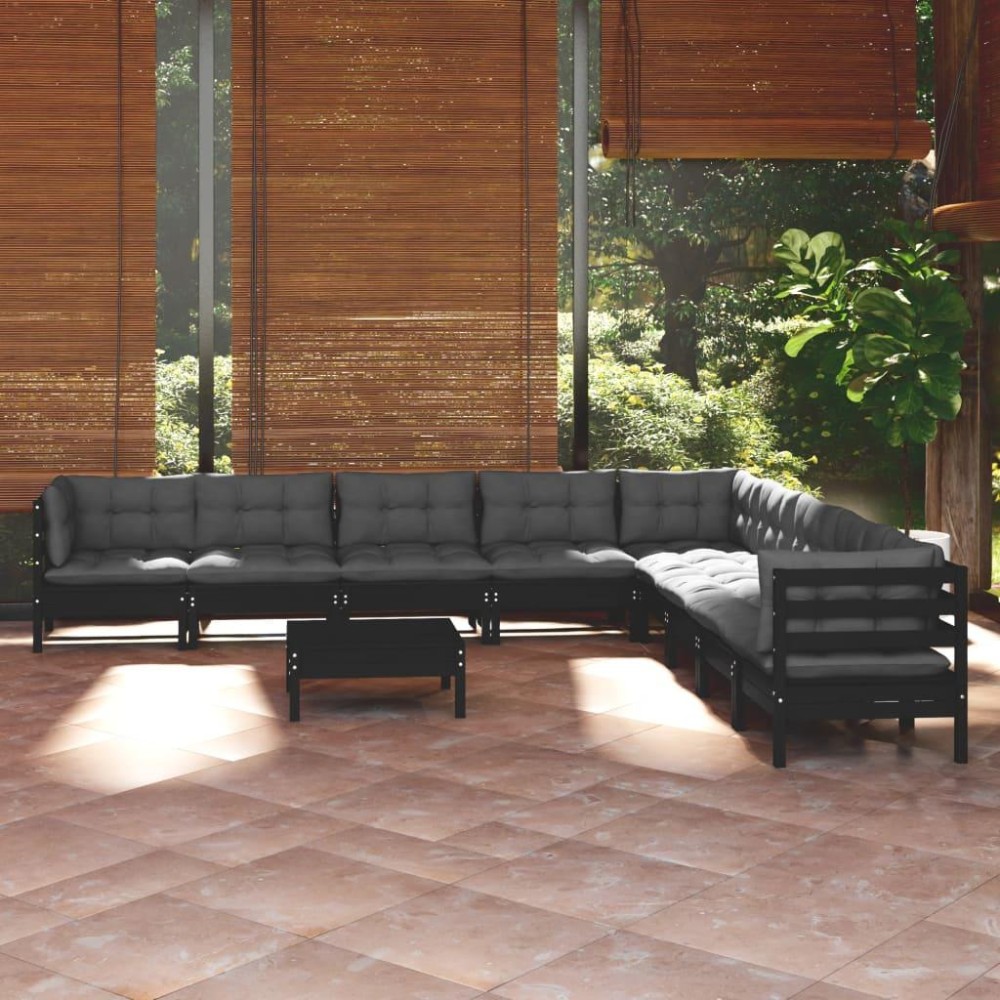 vidaXL 10 Piece Patio Lounge Set with Cushions Black Solid Pinewood