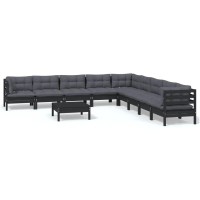 vidaXL 10 Piece Patio Lounge Set with Cushions Black Solid Pinewood