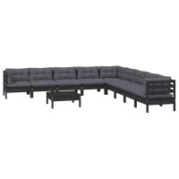 vidaXL 10 Piece Patio Lounge Set with Cushions Black Solid Pinewood