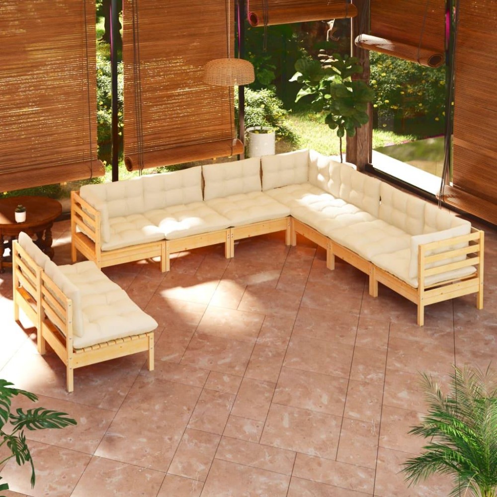 vidaXL 9 Piece Patio Lounge Set with Cream Cushions Solid Pinewood