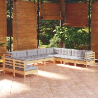 vidaXL 10 Piece Patio Lounge Set with Gray Cushions Solid Pinewood