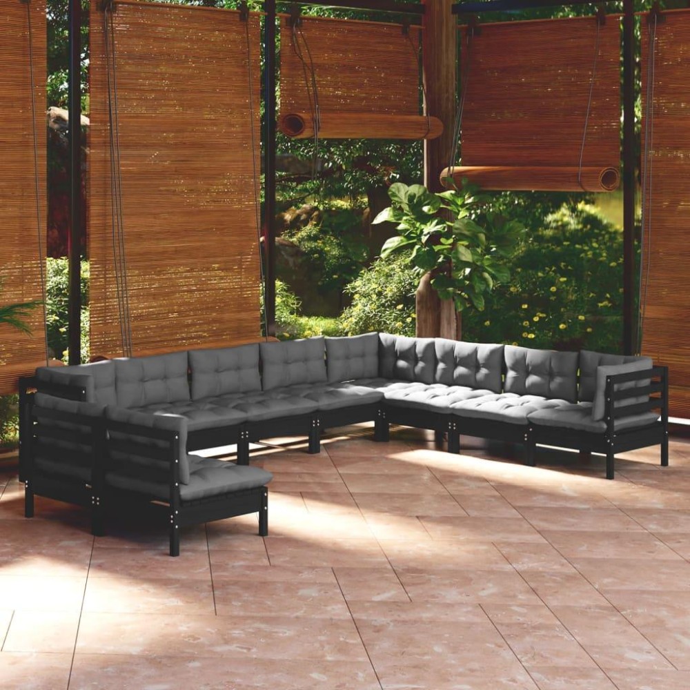 vidaXL 10 Piece Patio Lounge Set with Cushions Black Solid Pinewood