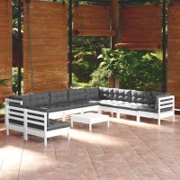 vidaXL 11 Piece Patio Lounge Set with Cushions White Solid Pinewood