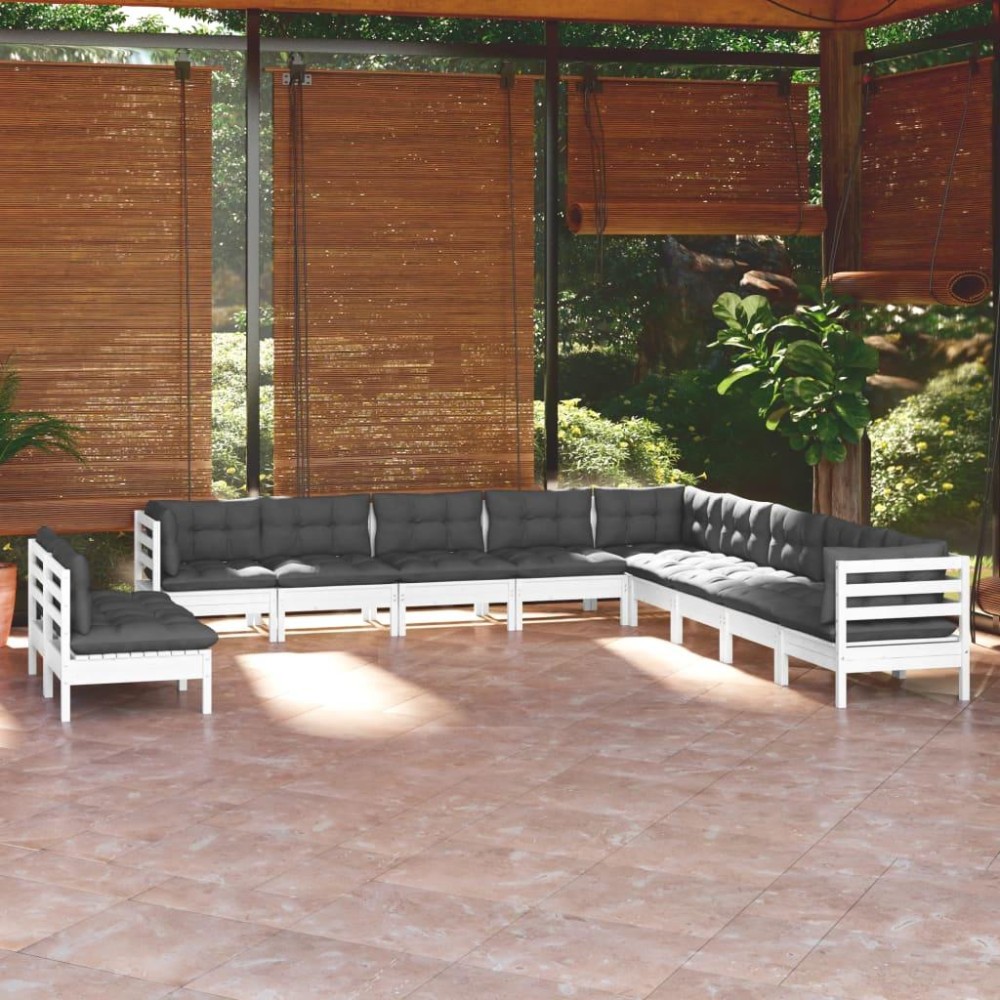 vidaXL 11 Piece Patio Lounge Set with Cushions White Solid Pinewood