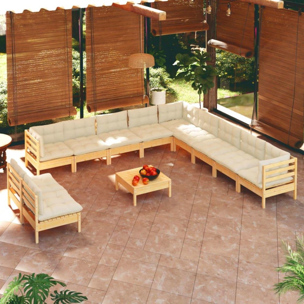 vidaXL 12 Piece Patio Lounge Set with Cream Cushions Solid Pinewood