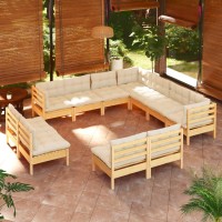 vidaXL 11 Piece Patio Lounge Set with Cream Cushions Solid Pinewood