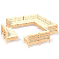 vidaXL 11 Piece Patio Lounge Set with Cream Cushions Solid Pinewood