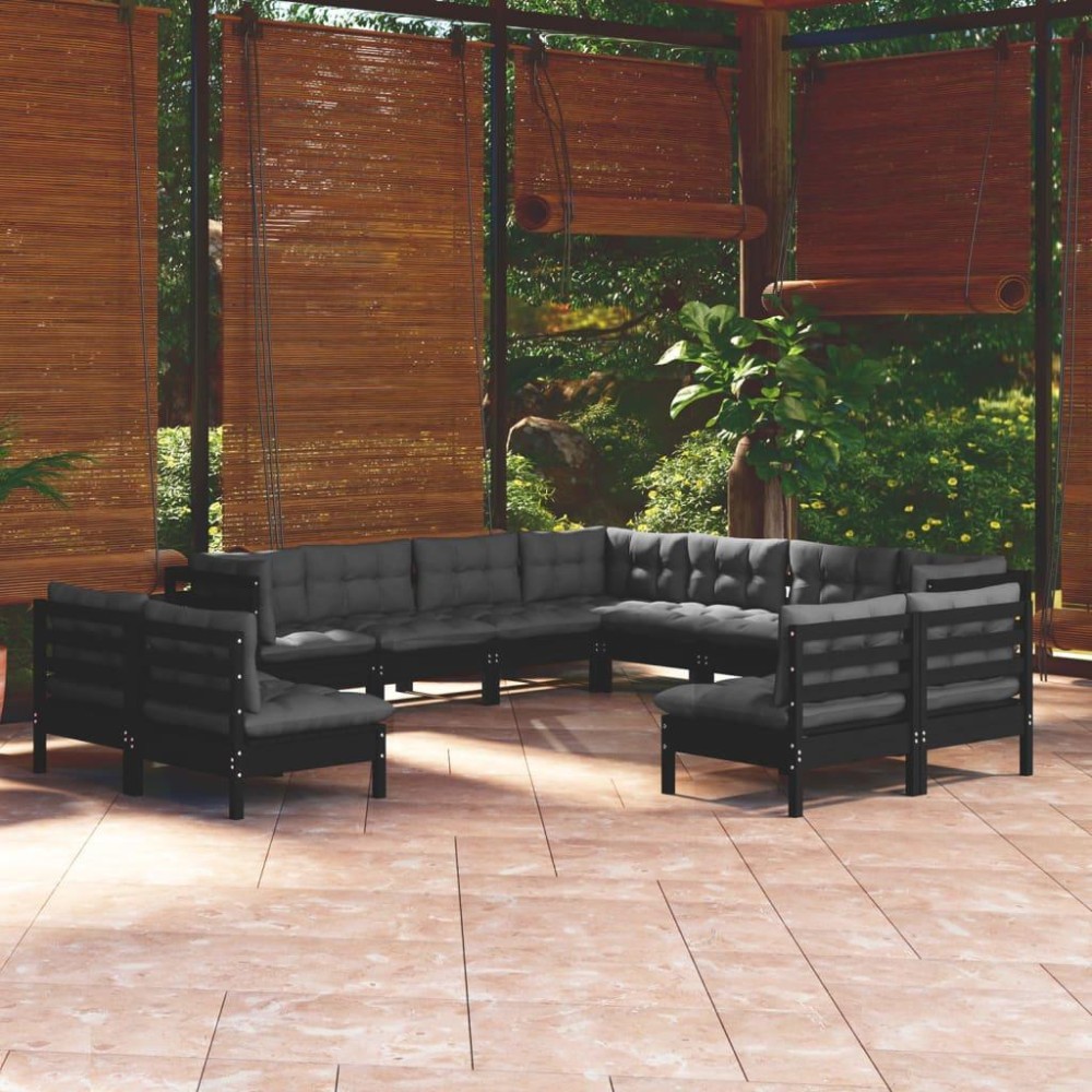 vidaXL 11 Piece Patio Lounge Set with Cushions Black Solid Pinewood