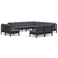 vidaXL 11 Piece Patio Lounge Set with Cushions Black Solid Pinewood