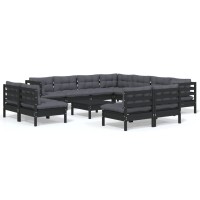 vidaXL 12 Piece Patio Lounge Set with Cushions Black Solid Pinewood