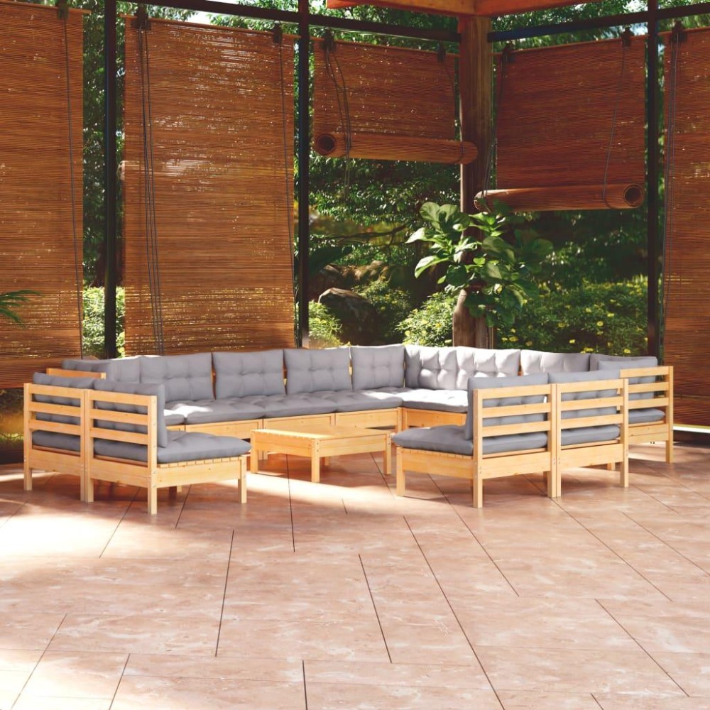 vidaXL 13 Piece Patio Lounge Set with Gray Cushions Solid Pinewood