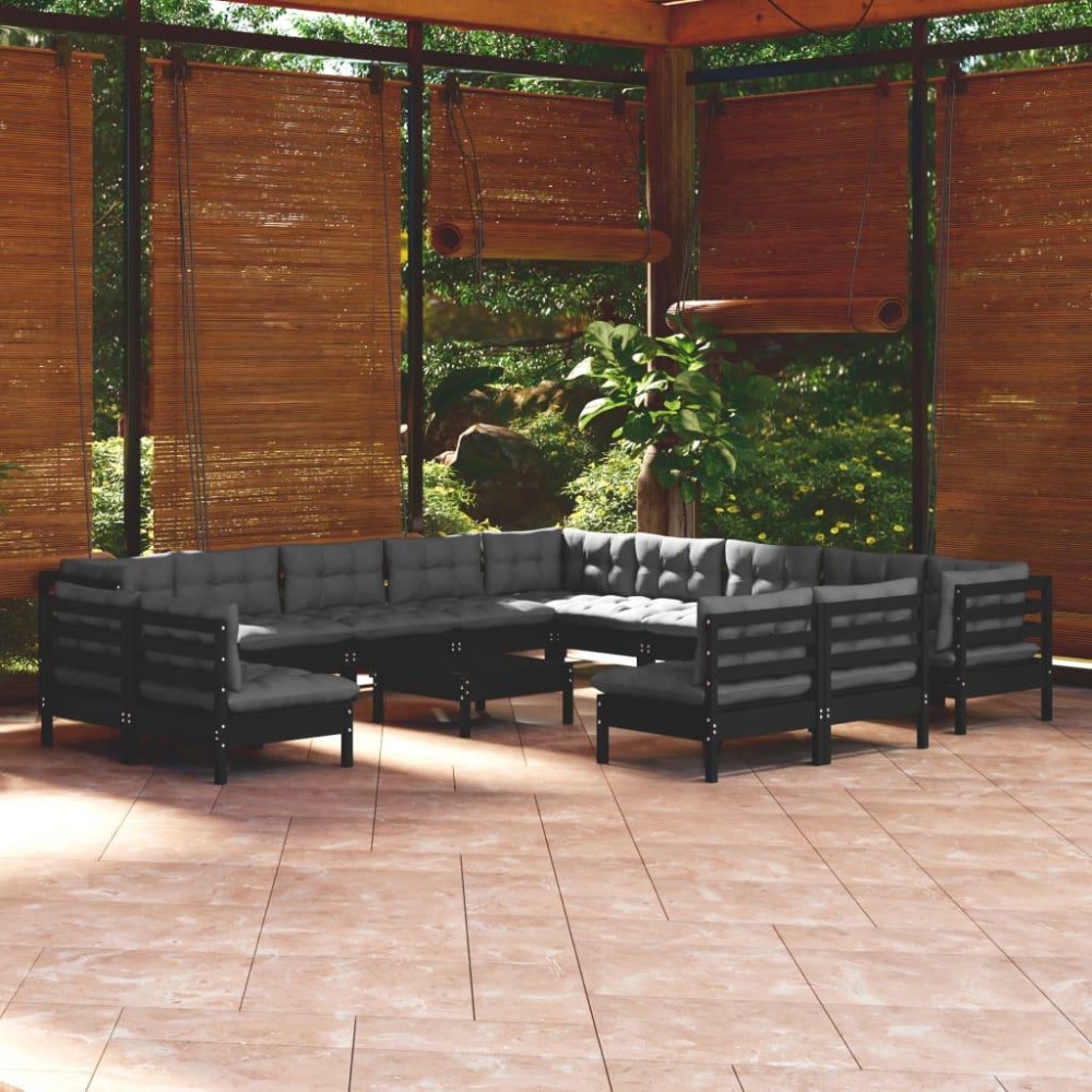 vidaXL 14 Piece Patio Lounge Set with Cushions Black Solid Pinewood