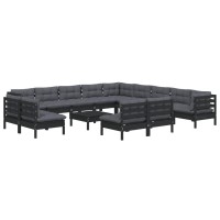 vidaXL 14 Piece Patio Lounge Set with Cushions Black Solid Pinewood