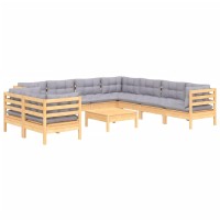 vidaXL 10 Piece Patio Lounge Set with Gray Cushions Solid Pinewood