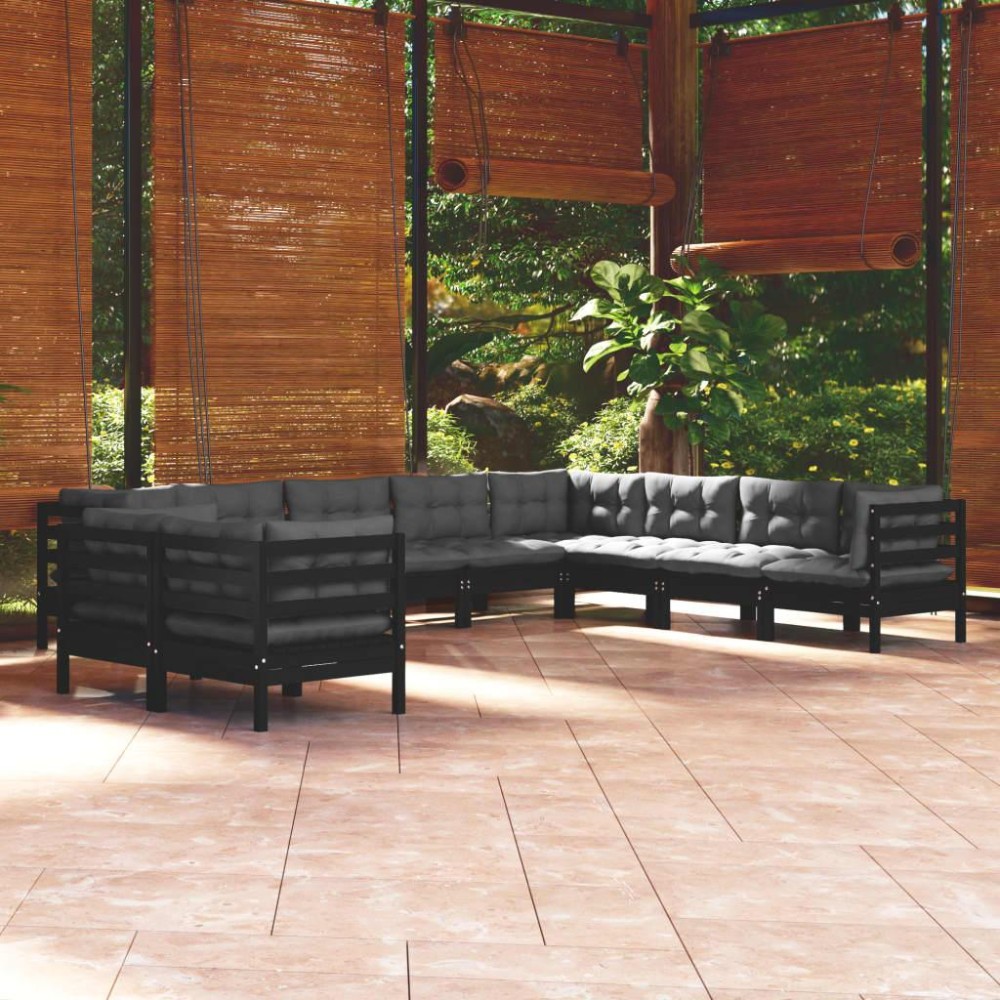 vidaXL 10 Piece Patio Lounge Set with Cushions Black Solid Pinewood