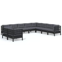 vidaXL 10 Piece Patio Lounge Set with Cushions Black Solid Pinewood