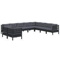 vidaXL 10 Piece Patio Lounge Set with Cushions Black Solid Pinewood