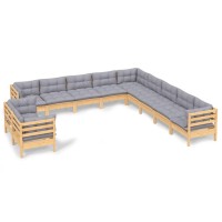 vidaXL 11 Piece Patio Lounge Set with Gray Cushions Solid Pinewood