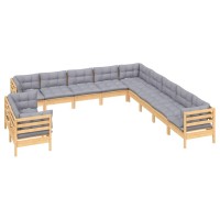 vidaXL 11 Piece Patio Lounge Set with Gray Cushions Solid Pinewood