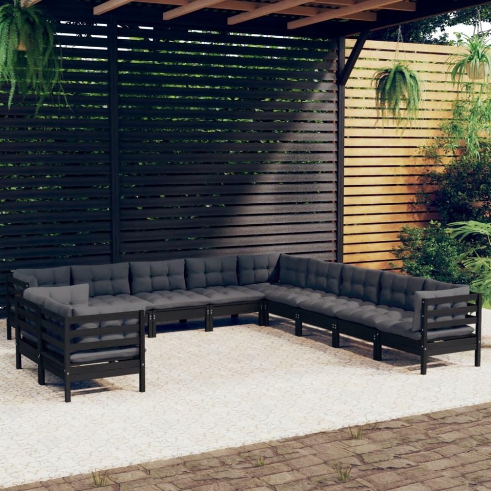 vidaXL 11 Piece Patio Lounge Set with Cushions Black Solid Pinewood