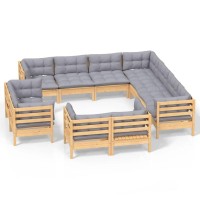 vidaXL 11 Piece Patio Lounge Set with Gray Cushions Solid Pinewood