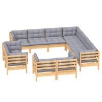 vidaXL 11 Piece Patio Lounge Set with Gray Cushions Solid Pinewood