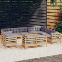 vidaXL 12 Piece Patio Lounge Set with Gray Cushions Solid Pinewood