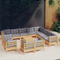 vidaXL 13 Piece Patio Lounge Set with Gray Cushions Solid Pinewood