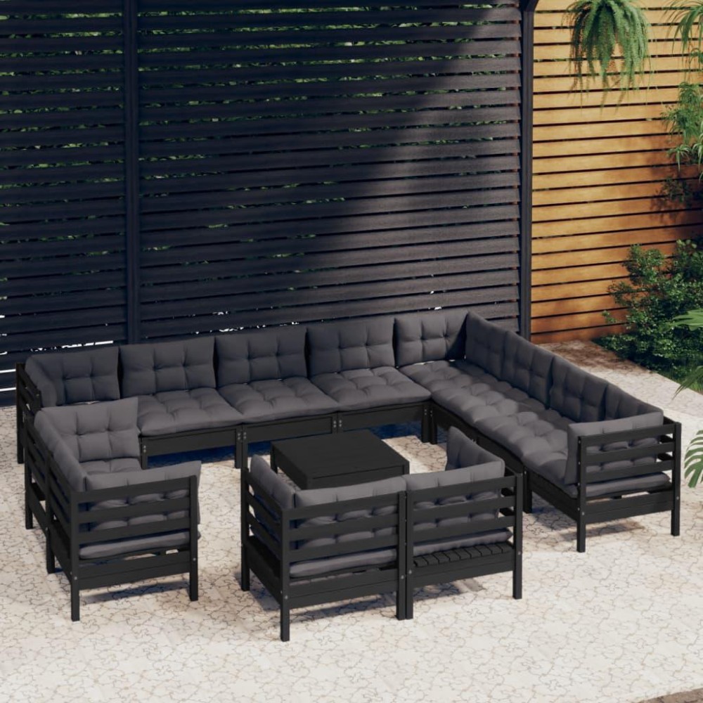 vidaXL 13 Piece Patio Lounge Set with Cushions Black Solid Pinewood