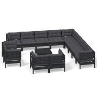 vidaXL 14 Piece Patio Lounge Set with Cushions Black Solid Pinewood