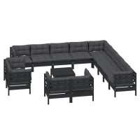 vidaXL 14 Piece Patio Lounge Set with Cushions Black Solid Pinewood