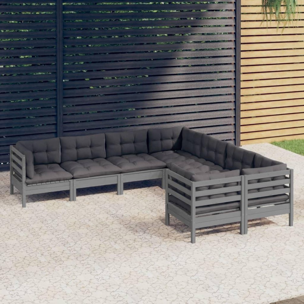 vidaXL 8 Piece Patio Lounge Set with Cushions Gray Solid Pinewood