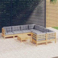 vidaXL 9 Piece Patio Lounge Set with Gray Cushions Pinewood