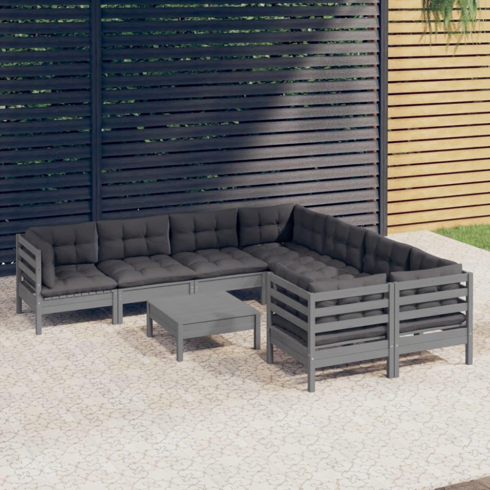 vidaXL 9 Piece Patio Lounge Set with Cushions Gray Pinewood