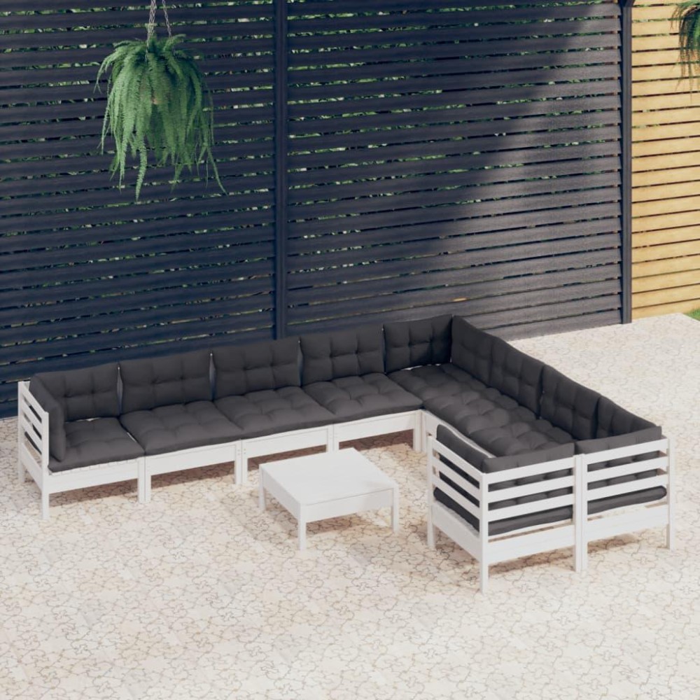 vidaXL 10 Piece Patio Lounge Set with Cushions White Pinewood