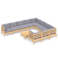 vidaXL 11 Piece Patio Lounge Set with Gray Cushions Pinewood