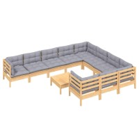 vidaXL 11 Piece Patio Lounge Set with Gray Cushions Pinewood