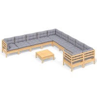 vidaXL 11 Piece Patio Lounge Set with Gray Cushions Pinewood