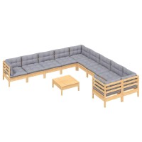 vidaXL 11 Piece Patio Lounge Set with Gray Cushions Pinewood