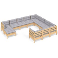 vidaXL 11 Piece Patio Lounge Set with Gray Cushions Pinewood