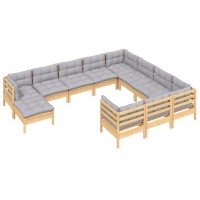 vidaXL 11 Piece Patio Lounge Set with Gray Cushions Pinewood