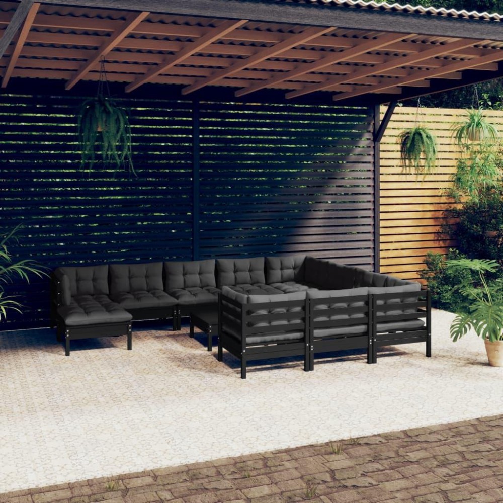 vidaXL 12 Piece Patio Lounge Set with Cushions Black Pinewood