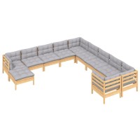 vidaXL 11 Piece Patio Lounge Set with Gray Cushions Pinewood