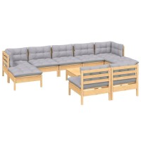 vidaXL 10 Piece Patio Lounge Set with Gray Cushions Pinewood