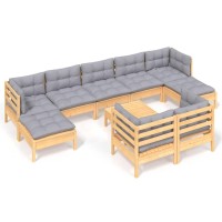 vidaXL 10 Piece Patio Lounge Set with Gray Cushions Solid Pinewood