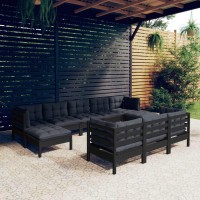 vidaXL 10 Piece Patio Lounge Set with Cushions Black Solid Pinewood