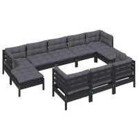 vidaXL 10 Piece Patio Lounge Set with Cushions Black Solid Pinewood