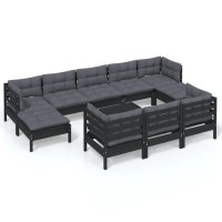 vidaXL 11 Piece Patio Lounge Set with Cushions Black Solid Pinewood