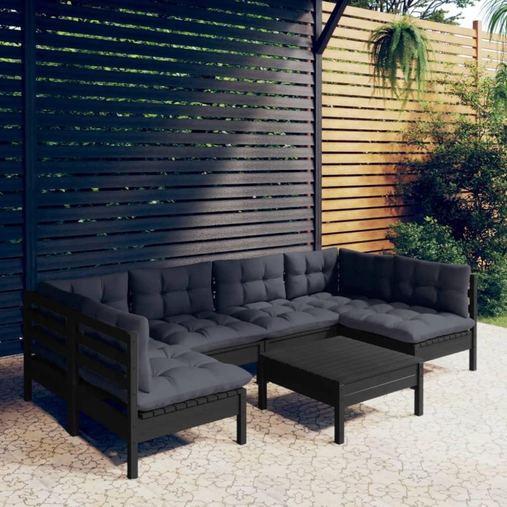 vidaXL 7 Piece Patio Lounge Set with Cushions Black Solid Pinewood