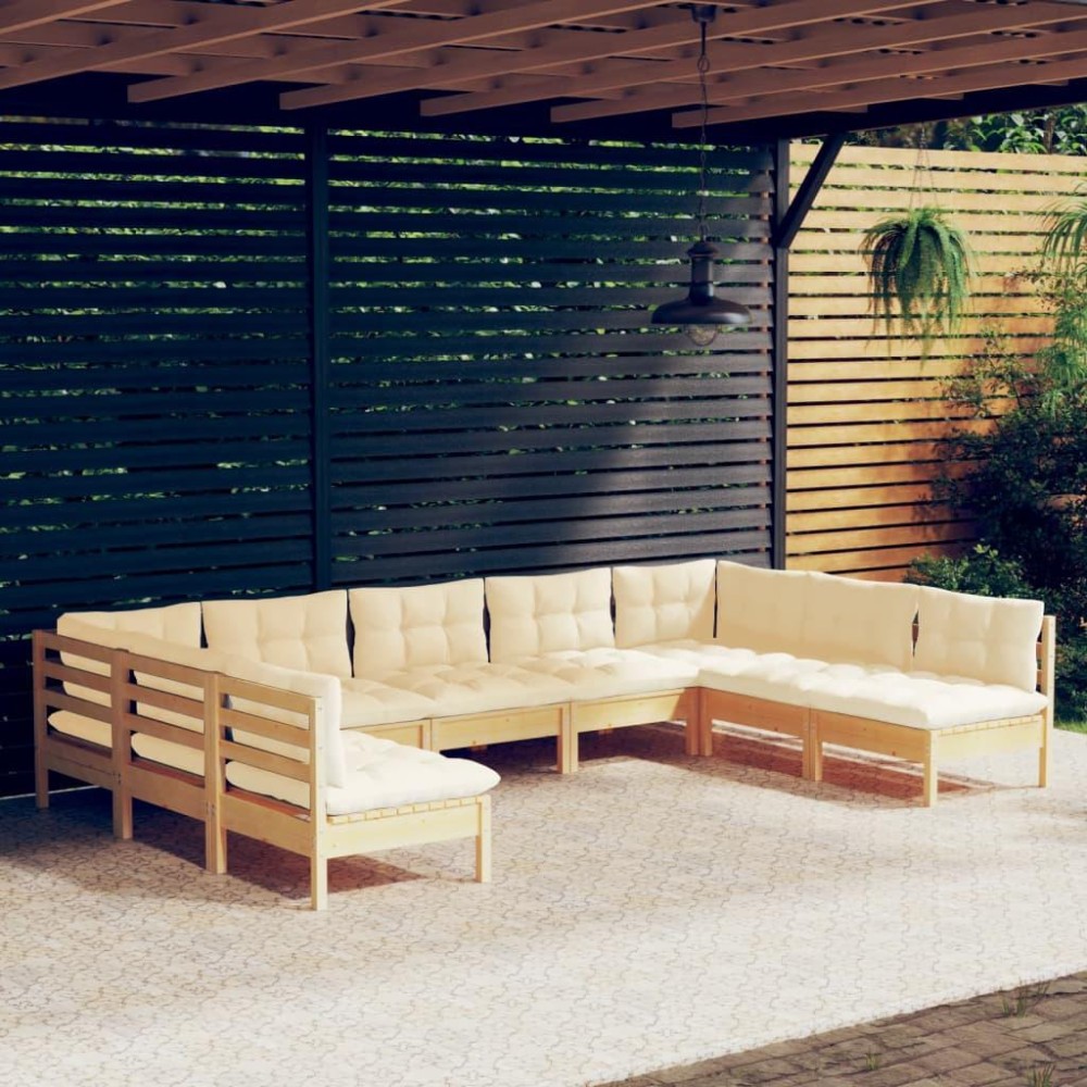 vidaXL 9 Piece Patio Lounge Set with Cream Cushions Solid Pinewood